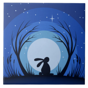 Hare, Rabbit, Moonlight Silhouette Ceramic Tile
