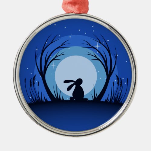 Hare Rabbit Moonlight Silhouette Metal Ornament