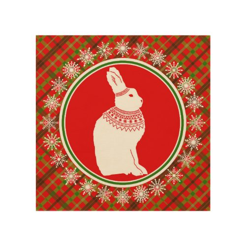 Hare Rabbit Silhouette Red Christmas Plaid Tartan Wood Wall Art