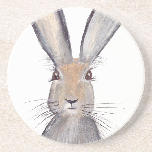 Hare rabbit watercolor sandstone coaster (Front)