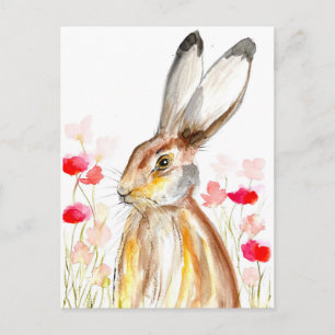 Hare watercolor animal cute rabbit woodland postcard