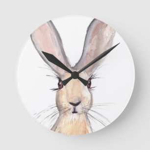 Hare watercolor rabbit cute bunny nursery beige round clock