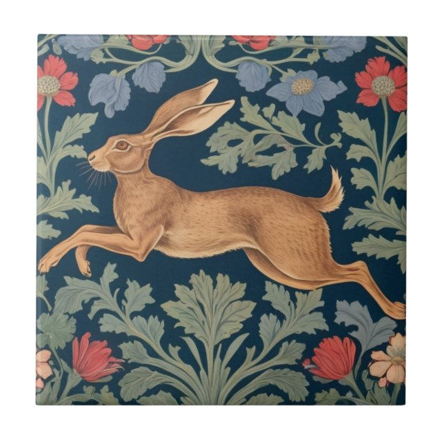 Hare William Morris style Left Facing Floral Ceramic Tile (Front)