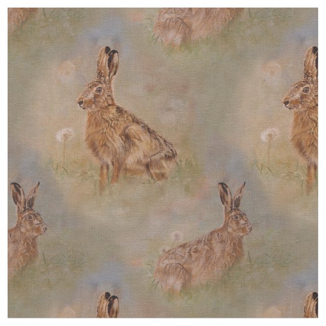 Hares and dandelions painting fabric (Close Up)