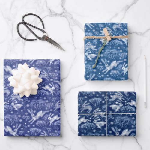 Hares Field Bunnies Rabbits Pattern Blue White Wrapping Paper Sheets