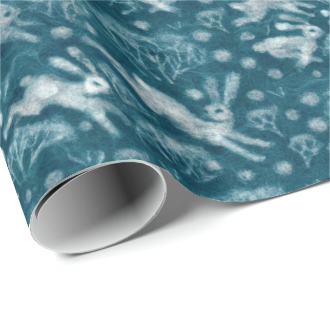 Hares Field Bunnies Rabbits Winter Pattern Teal Wrapping Paper (Roll Corner)