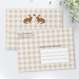 Hares In Love On Beige Gingham Rustic Wedding Envelope