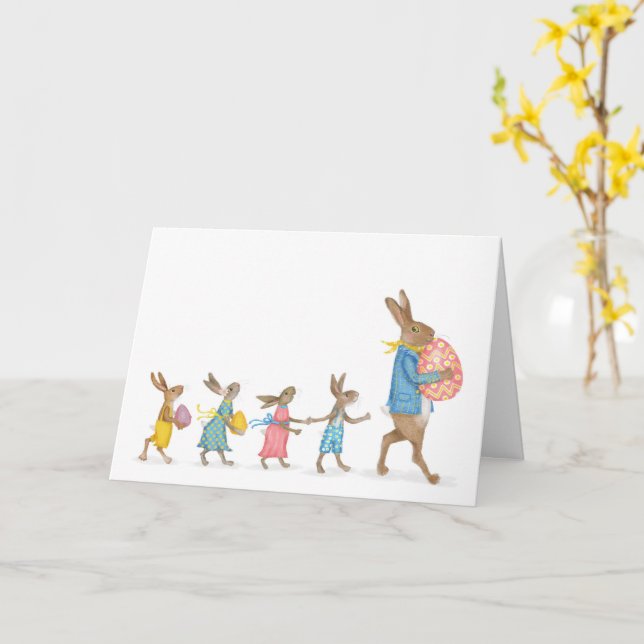 Hares on an Easter egg hunt card (Yellow Flower)