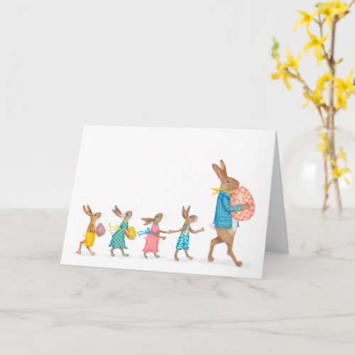 Hares on an Easter egg hunt card
