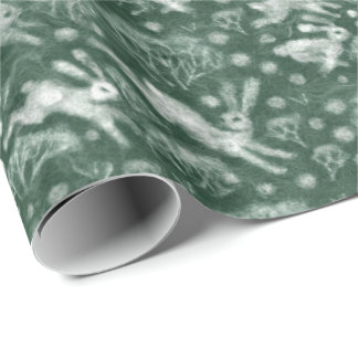 Hares Snow Field White Rabbit Winter Pattern Green Wrapping Paper