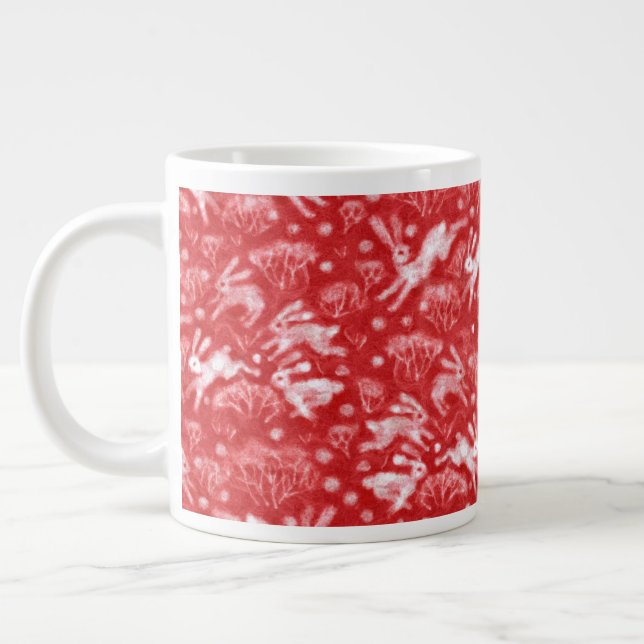 Hares Snow Field White Rabbits Winter Animals Red Giant Coffee Mug (Left)
