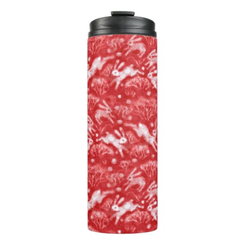 Hares Snow Field White Rabbits Winter Animals Red Thermal Tumbler