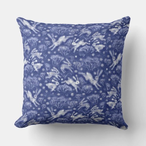 Hares Snow Field White Rabbits Winter Pattern Blue Throw Pillow