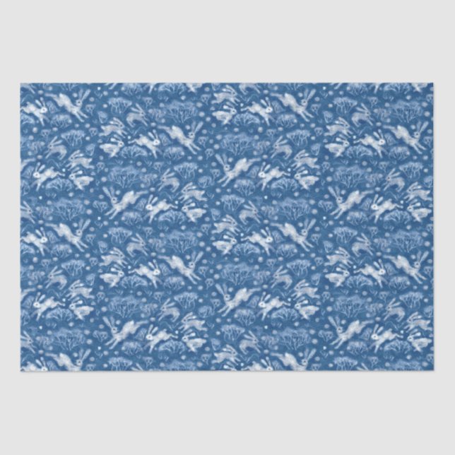Hares Snow Field White Rabbits Winter Pattern Blue Tissue Paper (Front)