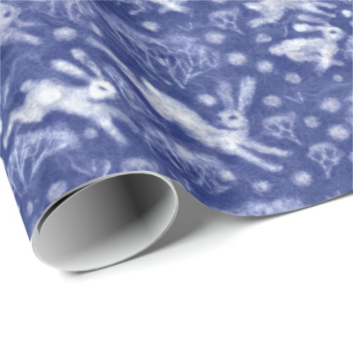 Hares Snow Field White Rabbits Winter Pattern Blue Wrapping Paper