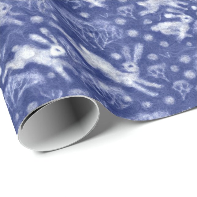 Hares Snow Field White Rabbits Winter Pattern Blue Wrapping Paper (Roll Corner)