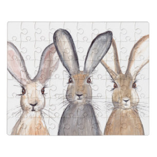 Hares Watercolor Rabbits Woodland Animals Easter Jigsaw Puzzle