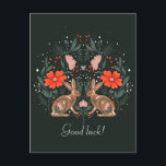 Hares with flowers and Nordic motives    Postcard<br><div class="desc">Little cute rabbits floral illustration with Scandinavian folklore elements</div>