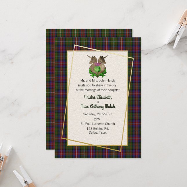 Hargis Clan Scottish Symbols Wedding Invitation (Front/Back In Situ)