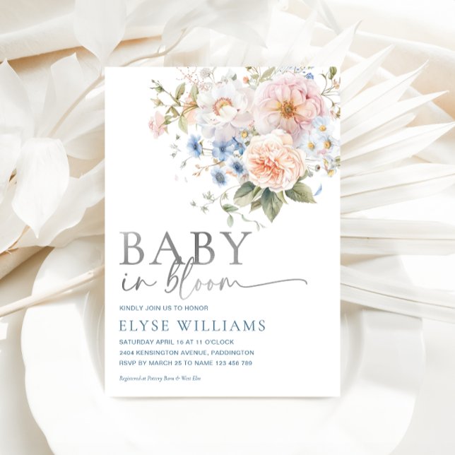 Hargrove Blue Floral Baby In Bloom Baby Shower Foil Invitation (Creator Uploaded)
