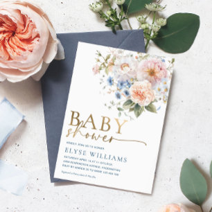 Hargrove Blue Floral Baby Shower Gold Foil Invitation