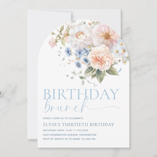 Hargrove Blue Floral Birthday Brunch Arch Invitation (Front)