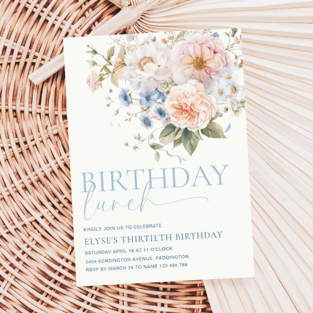 Hargrove Blue Floral Birthday Lunch Invitation (Creator Uploaded)