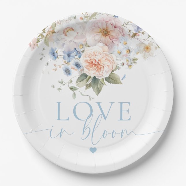 Hargrove Blue Floral Love In Bloom Bridal Shower Paper Plates (Front)