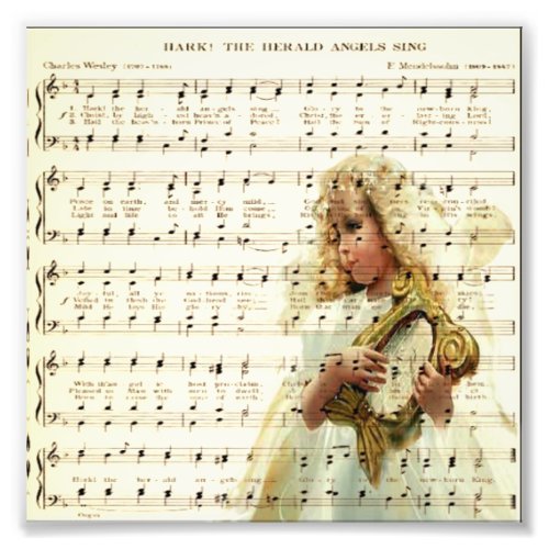 Hark hear the angels sing on vintage music sheet photo print