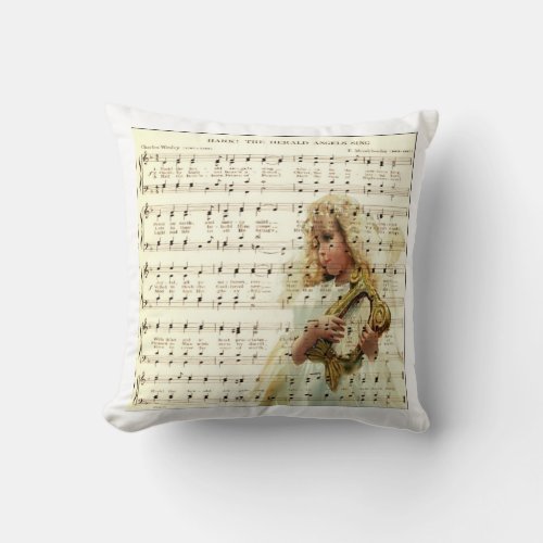 Hark hear the angels sing on vintage music sheets throw pillow