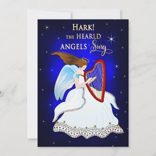 Hark the Angels Sing Christmas Angel with Harp Holiday Card