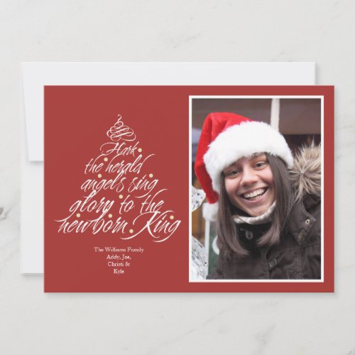 Hark the Christmas carol lyric tree photo red Holiday Card