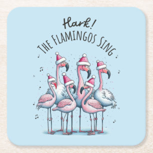 Hark The Flamingos Sing Square Paper Coaster