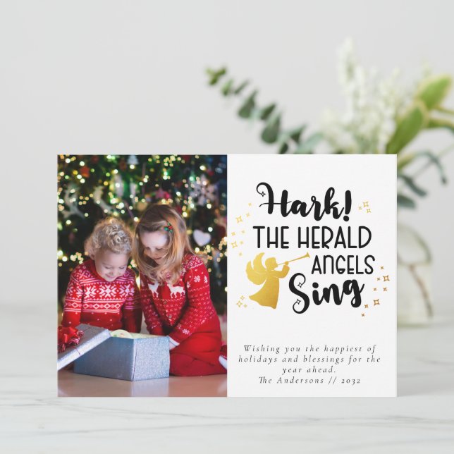 Hark the Herald Angels Sing Gold Foil Photo Holiday Card (Standing Front)