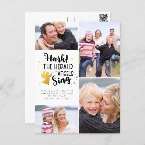 Hark the Herald Angels Sing Gold Foil Photos  Holiday Postcard