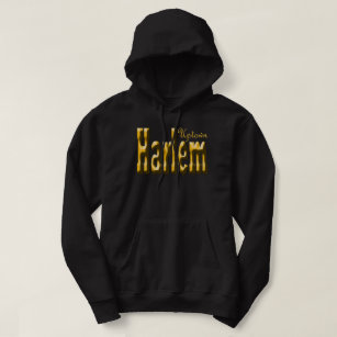 Harlem black hoodie in gold letter graphics.