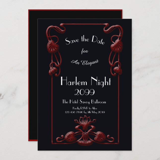 HARLEM Night, Black, RED, White,Floral,Art Deco Invitation (Front/Back)