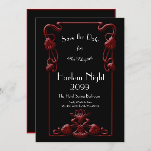 HARLEM Night Black RED WhiteFloralArt Deco Invitation