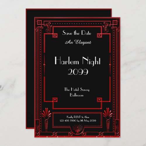 HARLEM Night Black RED WhiteGeometricArt Deco Invitation