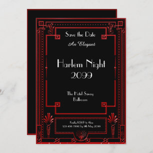 HARLEM Night, Black, RED, White,Geometric,Art Deco Invitation