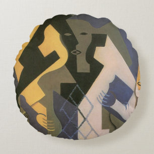 Harlequin at a Table by Juan Gris, Vintage Cubism Round Pillow