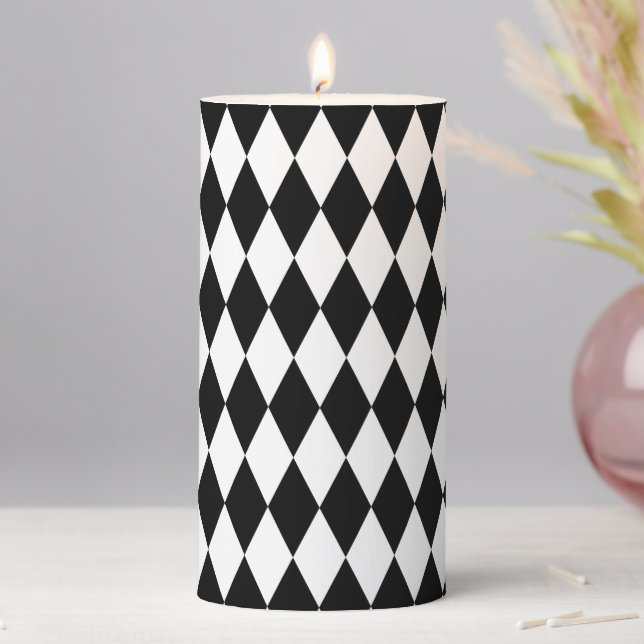 Harlequin Black and White Diamond Pattern Pillar Candle (In Situ)