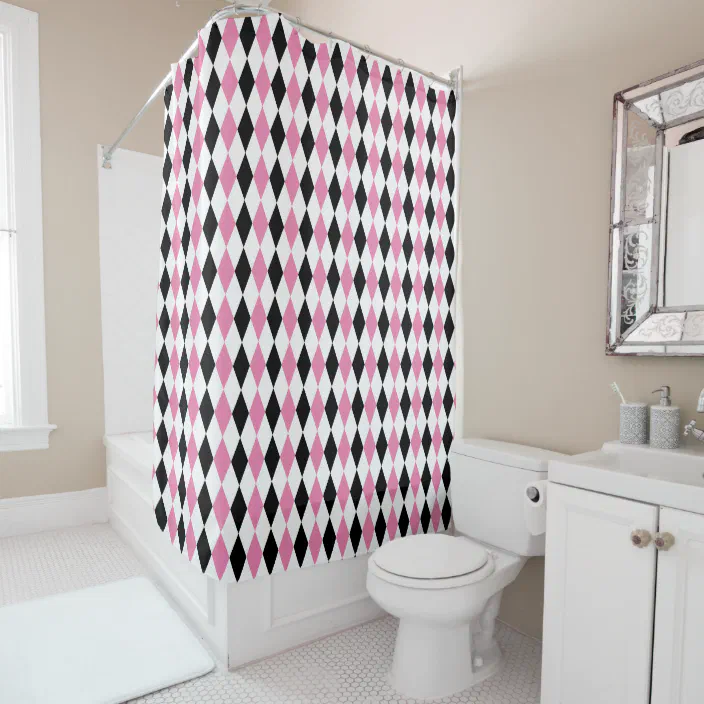 Harlequin Black And White Pink Shower, Pink Black White Shower Curtain