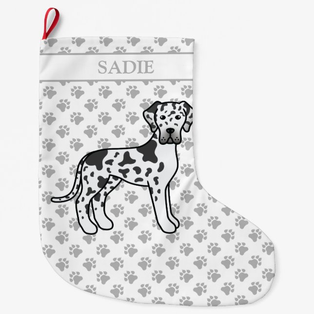 Harlequin Black & White Great Dane Cute Dog & Name Large Christmas Stocking (Front)