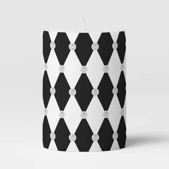 Harlequin Black White Rhombus Diamond Shape Pillar Candle (Front)