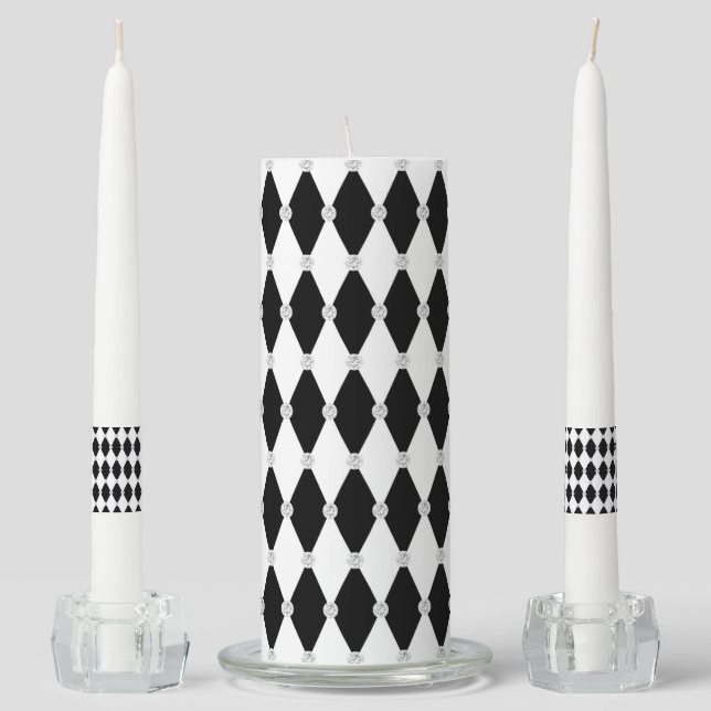 Harlequin Black White Rhombus Diamond Shape Unity Candle Set (Front)