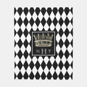 Harlequin Crown Black and White Diamond Monogram Fleece Blanket