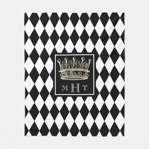Harlequin Crown Black and White Diamond Monogram Fleece Blanket