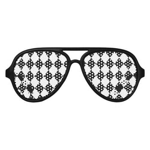 Harlequin Diamond Pattern Black White Mardi Gras Aviator Sunglasses