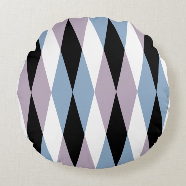 Harlequin Diamond Pattern - Blue and Dusty Lilac Round Pillow (Front)
